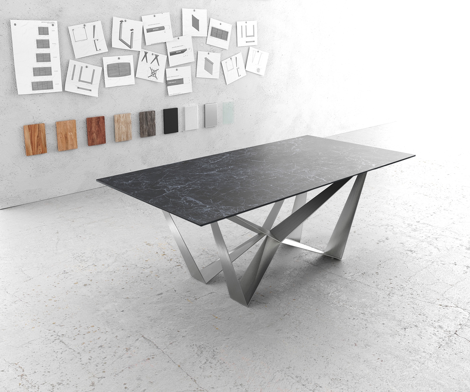 Table-à-manger Edge 200x100cm Laminam® céramique gris pieds milieu acier plat argent Table-à-manger Edge 200x100cm Laminam® céramique gris pieds milieu acier plat argent
