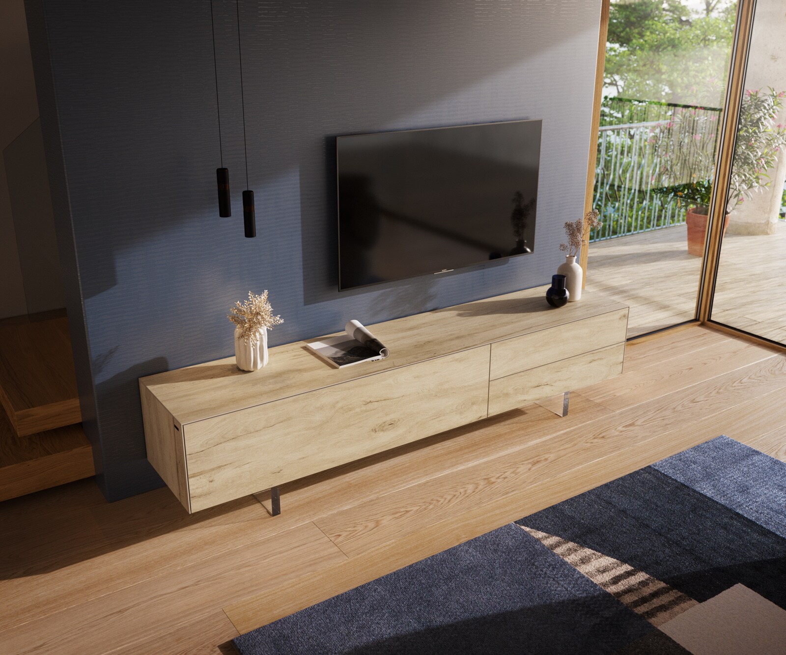 Meuble-TV Cuor 220 cm Céramique Laminam® Sabbia Teinte chêne 1 Clapet 2 Tiroirs Pied optique flottant Verre acrylique 4