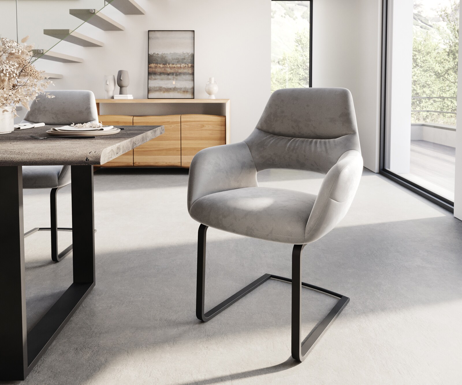 Cantilever Yago-Flex avec accoudoirs velours gris pied cantilever plat noir ressorts ensachés