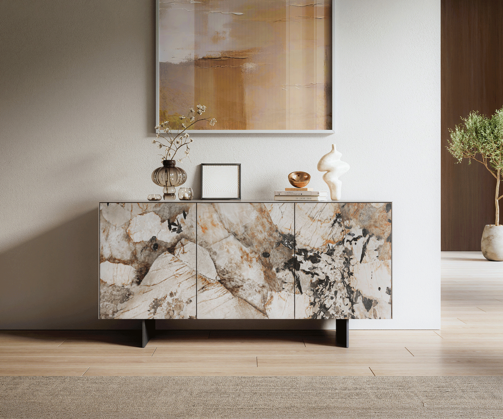 Buffet Cuor 150 cm Céramique Patagonia raffinée 3 Portes Pied optique flottant Métal Noir 2