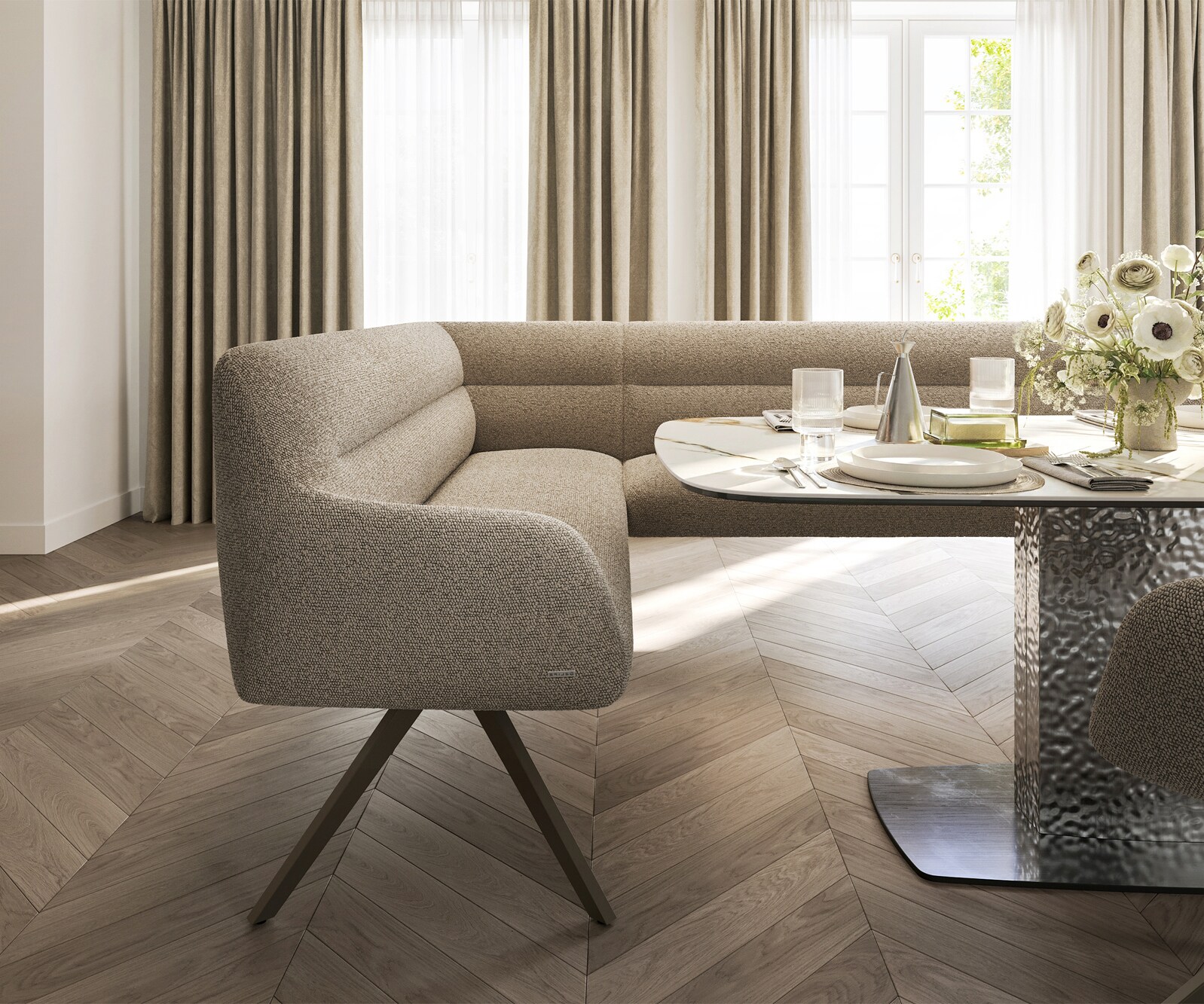 Banc-de-salle-à-manger Taya-Flex 285x190 cm bouclé boue pied croisé angulaire titane ressort ensaché à droite 5