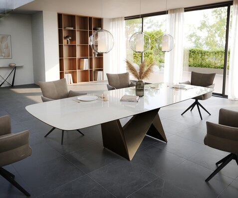 Table à manger Edge Boot 300x120 cm Céramique Onyx Champagne Origami Métalic Or
