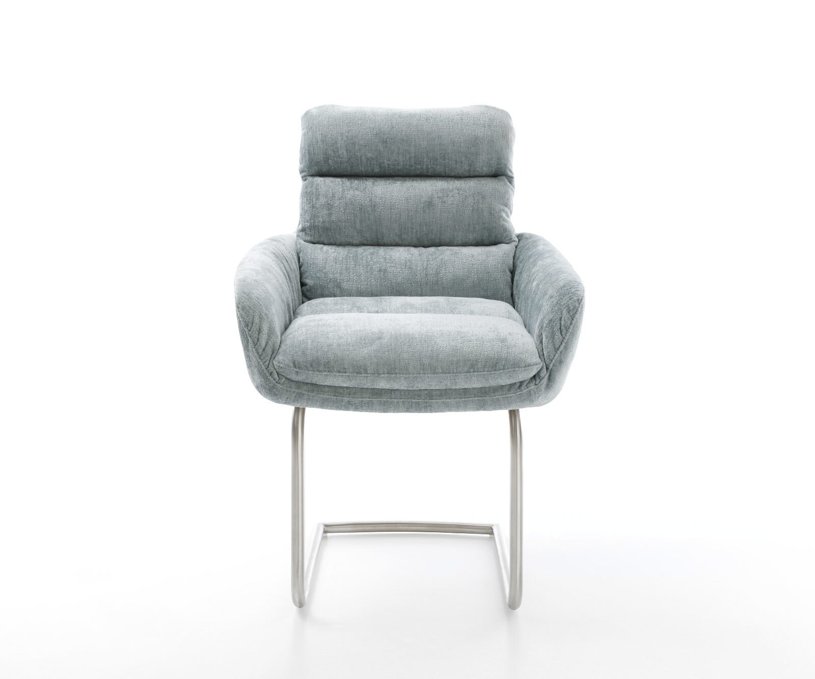 Cantilever Abelia-Flex avec accoudoirs chenille bleu pastel pied cantilever rond acier inoxydable brossé 1 Cantilever Abelia-Flex avec accoudoirs chenille bleu pastel pied cantilever rond acier inoxydable brossé 1