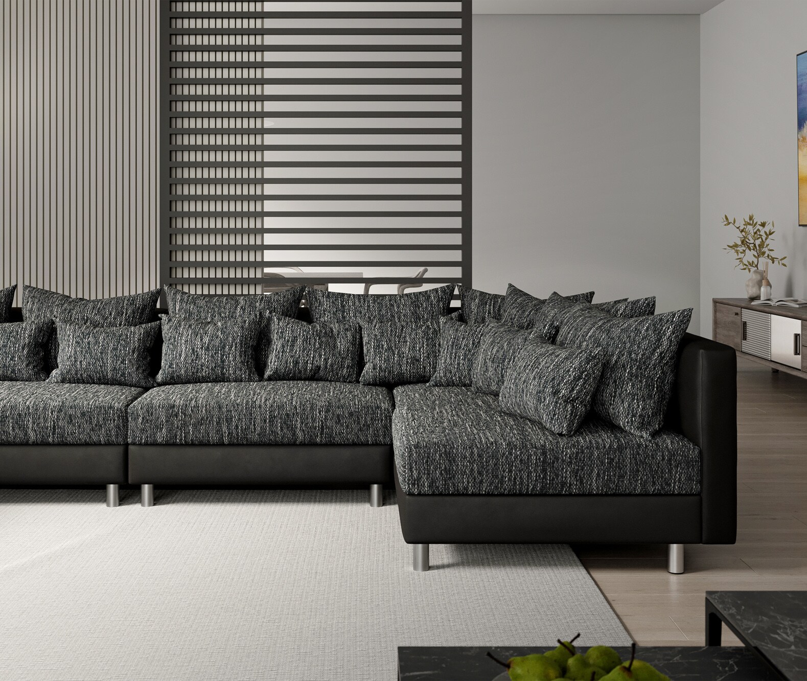 Canapé-Panoramique Clovis XL Canapé modulable noir avec tabouret  4