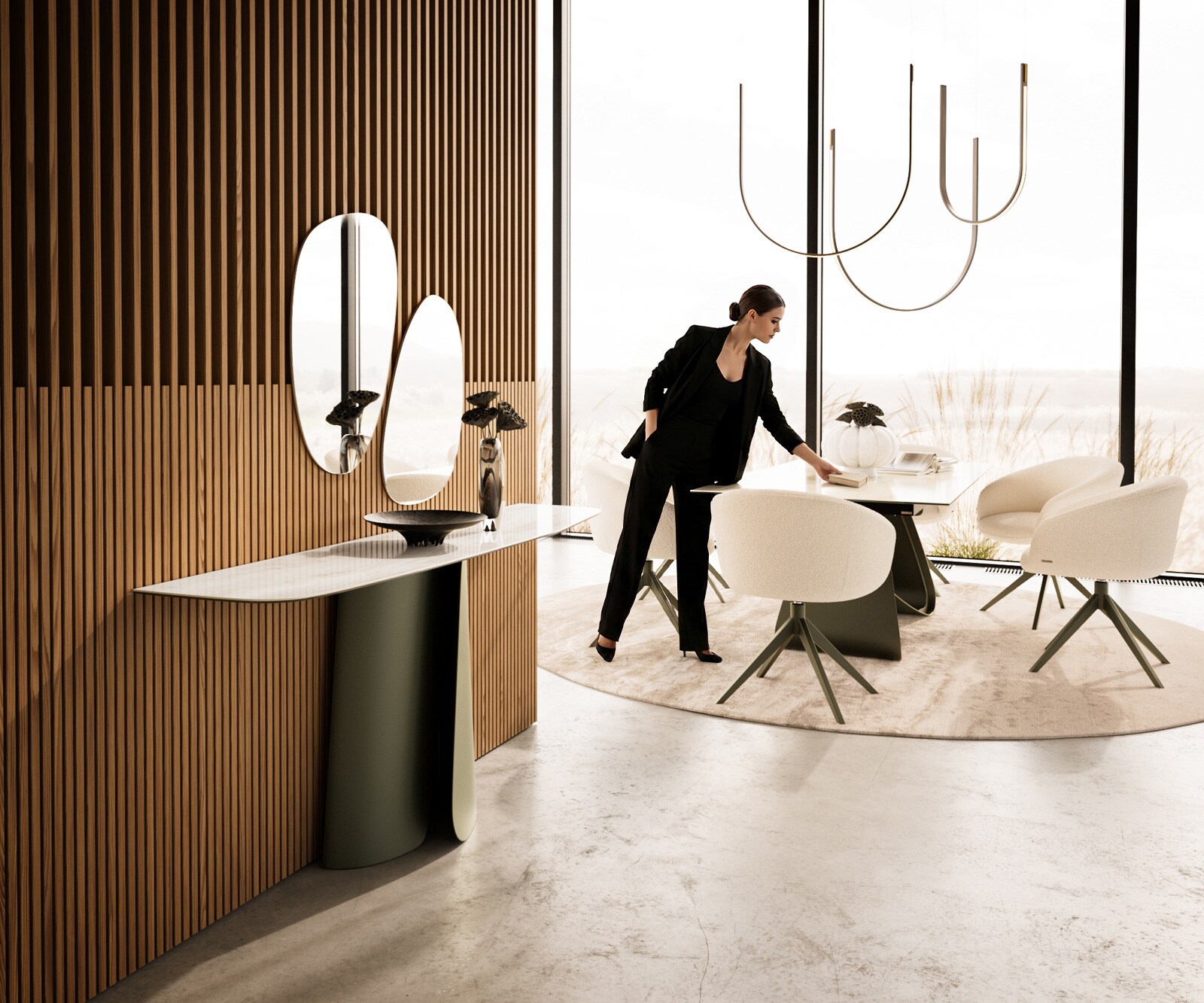 Console Edge forme bateau 180x40 cm Céramique Onyx Champagne Livos Métal Effektfinish Titan 6