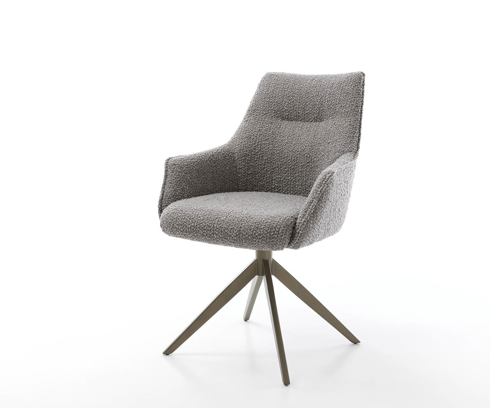 Chaise-pivotante Alja-Flex avec accoudoirs bouclé gris argenté pied croisé large aspect titane pivotement sur 360° ressorts ensachés
