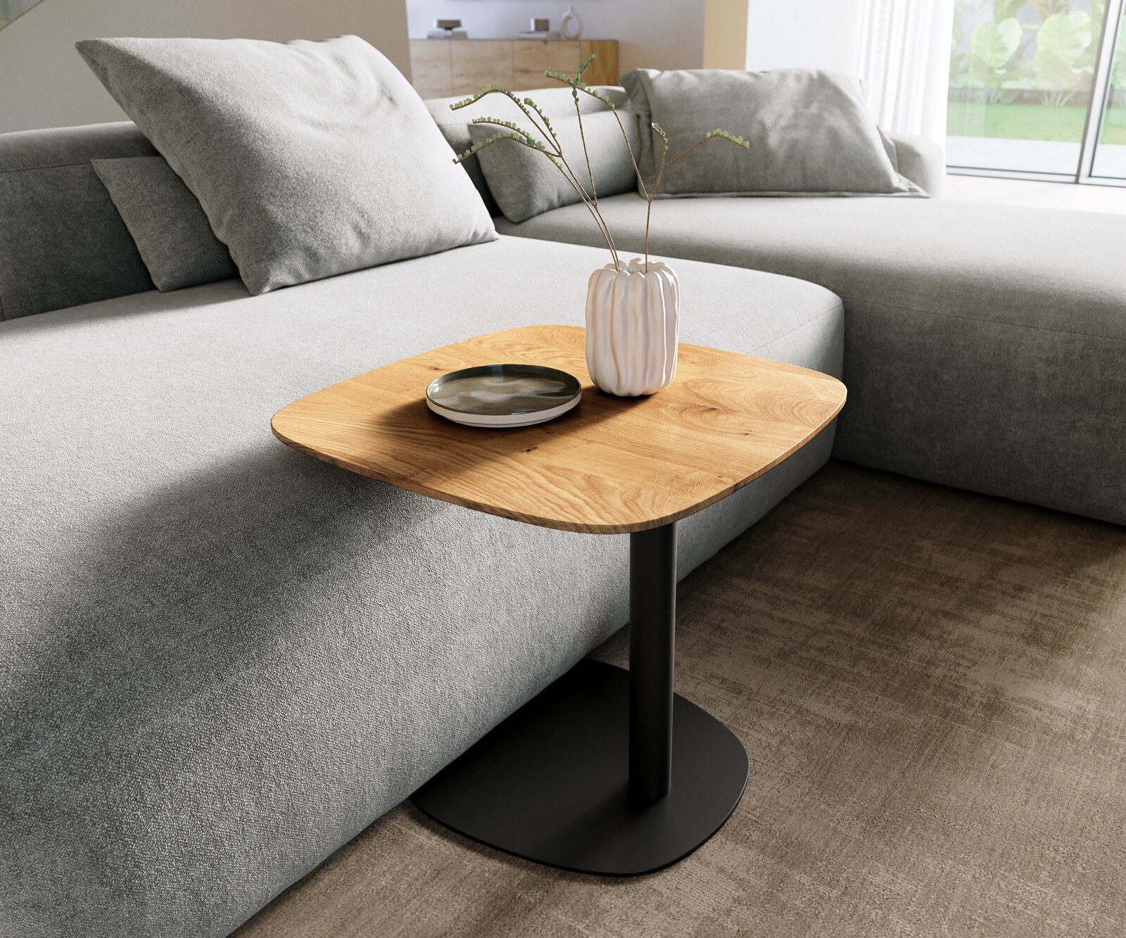 table d’appoint Edge Boot 50x50 cm chêne naturel bord suisse Eleny métal noir