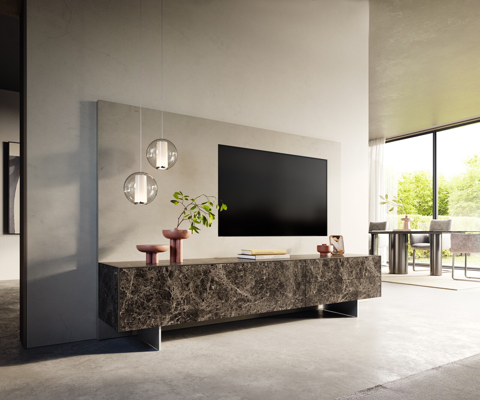 Meuble-TV Cuor 220 cm Céramique Emperador Extra Lucidato brun foncé 1 Clapet 2 Tiroirs Pied optique flottant Ancier inoxydable
