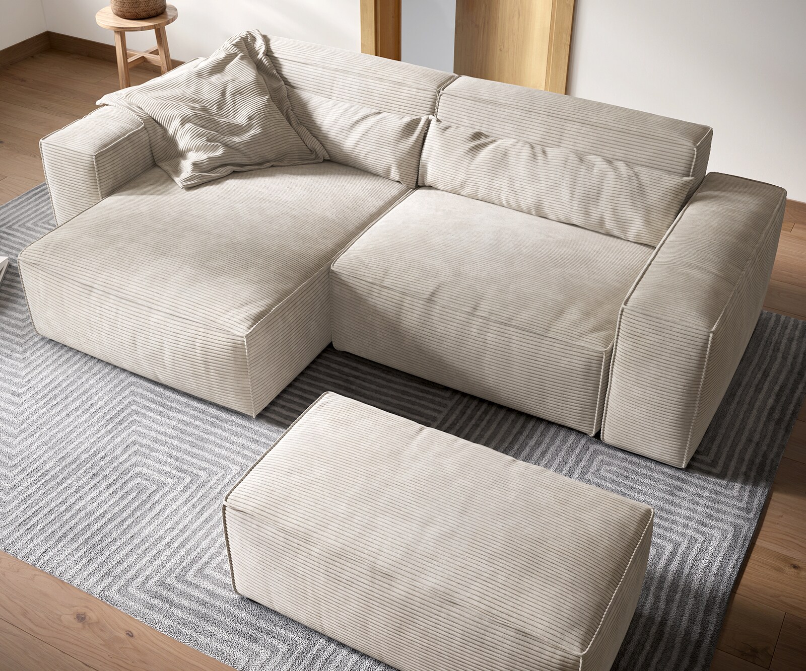 Canapé d'angle Sirpio XL 270x170 cm Velours côtelé Beige Recamiere variable avec Tabouret 3