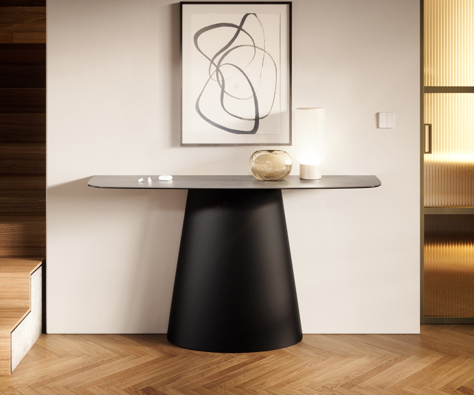 Console Edge forme bateau 140x40 cm Céramique Gris béton Conos Métal Noir 3