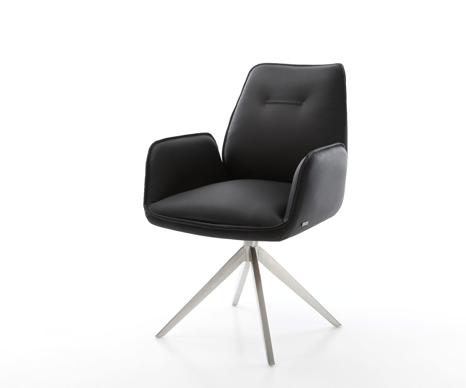 Chaise-de-salle-à-manger Zoa-Flex cuir de vache noir pied croisé large acier inoxydable brossé ressorts ensachés 1