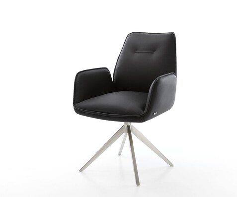 Chaise-de-salle-à-manger Zoa-Flex cuir de vache noir pied croisé large acier inoxydable brossé ressorts ensachés