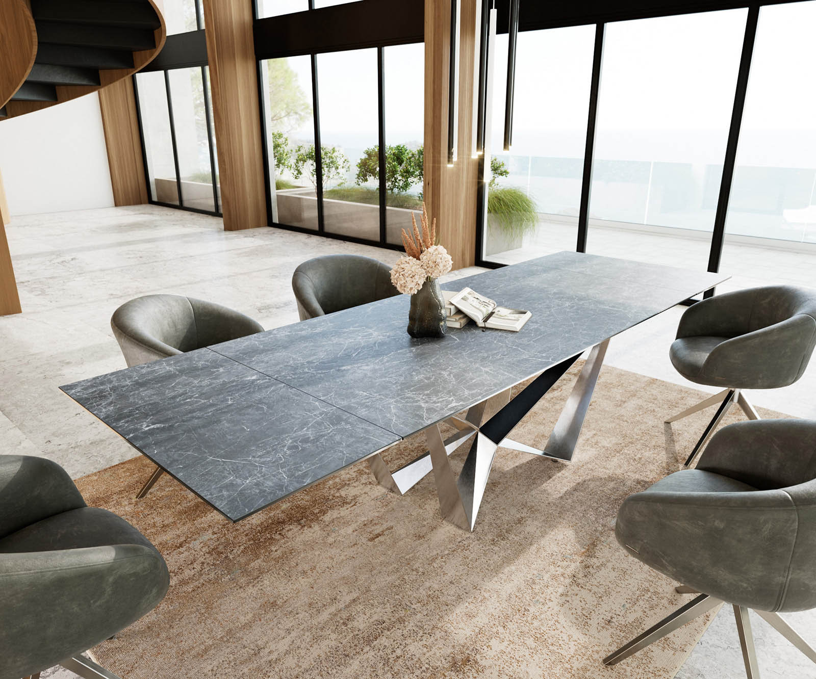 Table à manger Edge 200-300x100 céramique Laminam®Nero Greco gris Spider acier plat acier inoxydable extensible 1
