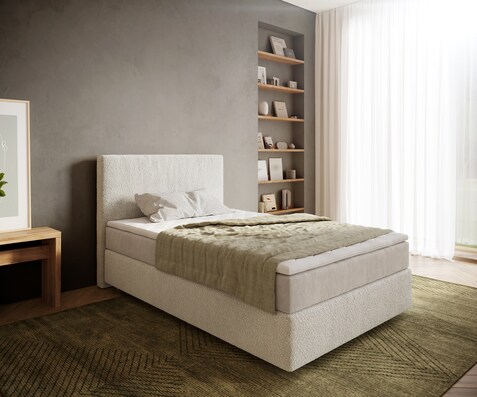 Lit-à-sommier-tapissier Dream-Well 120x200 cm Bouclé Crème-Blanc avec matelas à ressorts ensachés et surmatelas Visco