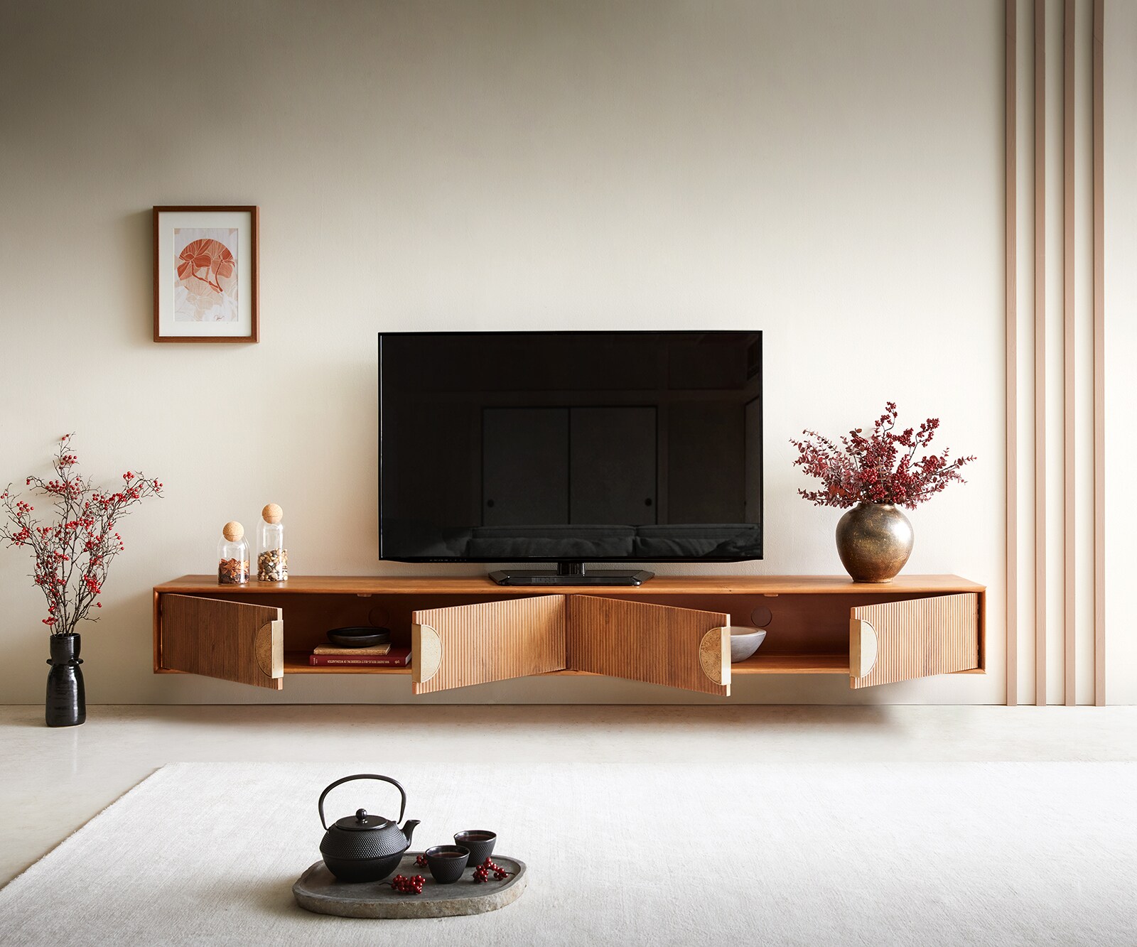 Meuble-TV Surimu 240 cm acacia marron clair 4 portes liège poignée flottante 3