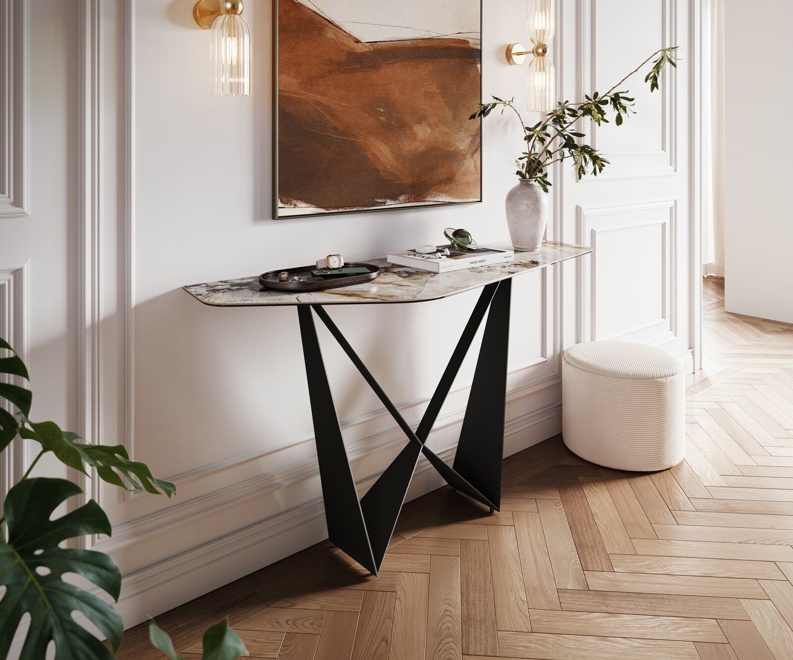 Console Edge Polygonal 140x50 cm Céramique Patagonia Poliert Spios Métal Noir 1