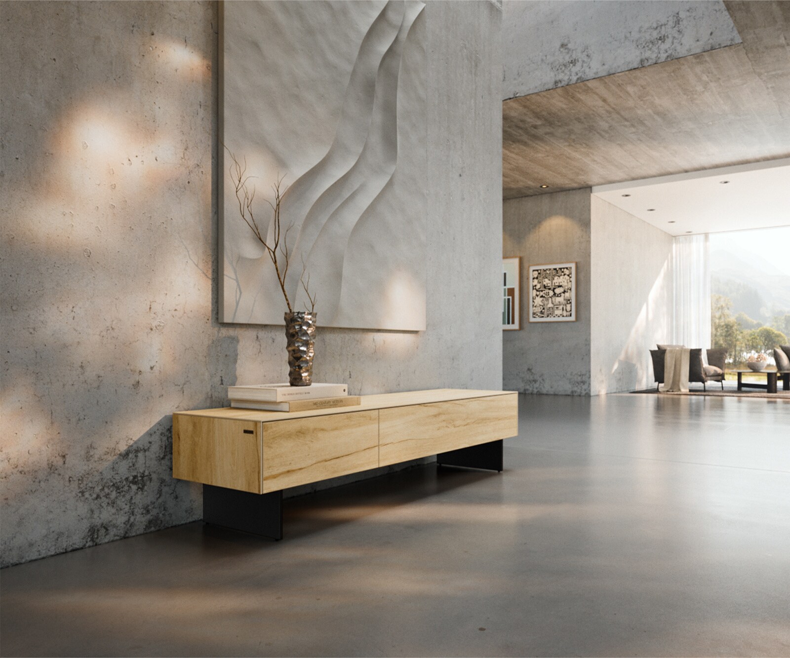 Meuble-TV Cuor 150 cm Céramique Laminam® Sabbia Teinte chêne 1 Clapet 1 Tiroir Pied optique flottant Métal Noir