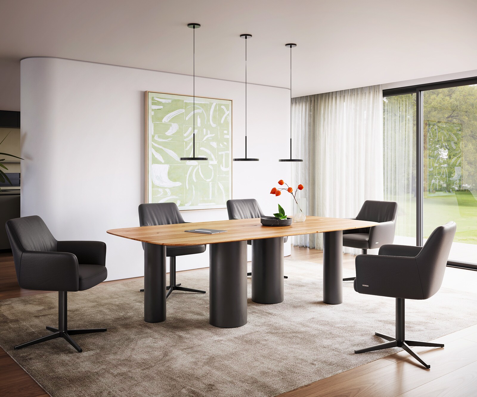 Table à manger Edge Boot 240x120x2,5-3 chêne naturee Pilier métal noir bord suisse 4