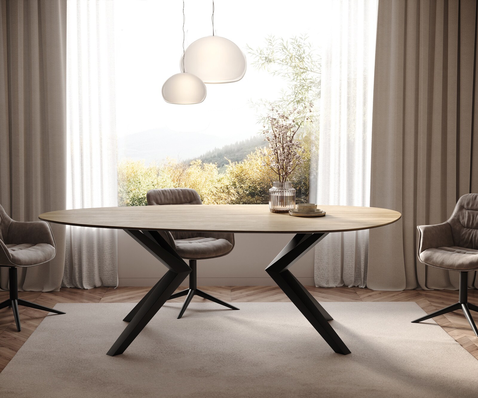 Table à manger Edge Ovale 220x120 Céramique Laminam® Sabbia Couleur chêne Zenthara anguleux Métal Noir 1