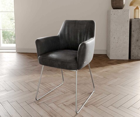 Chaise-de-salle-à-manger Xana-Flex avec accoudoirs microvelours anthracite vintage pied trapèze acier inoxydable brossé ressorts ensachés
