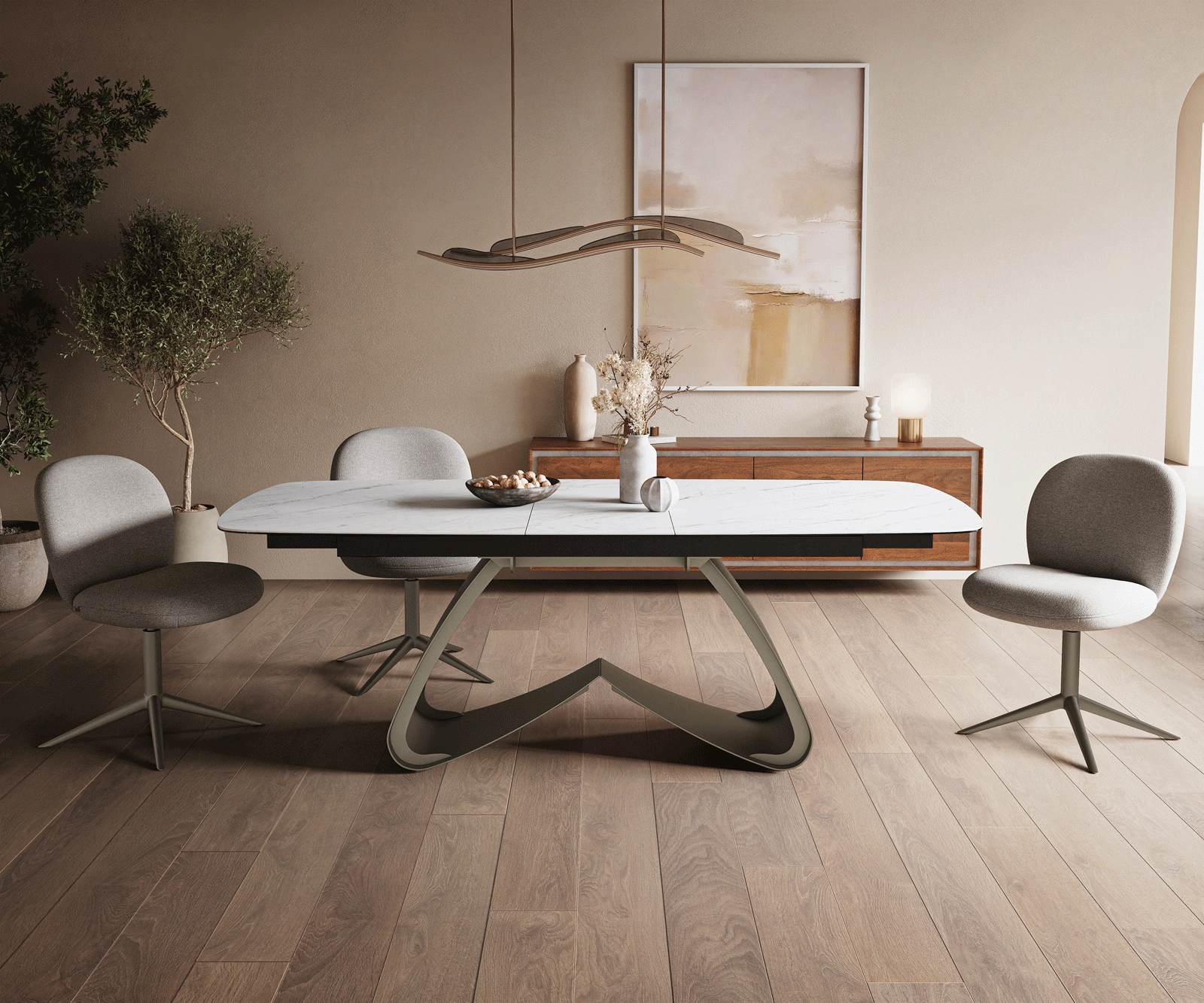 Table à manger Edge Boot 180-220x100 cm Céramique Laminam® Statuarietto Blanc piètement en W Finition effet Titan extensible 2