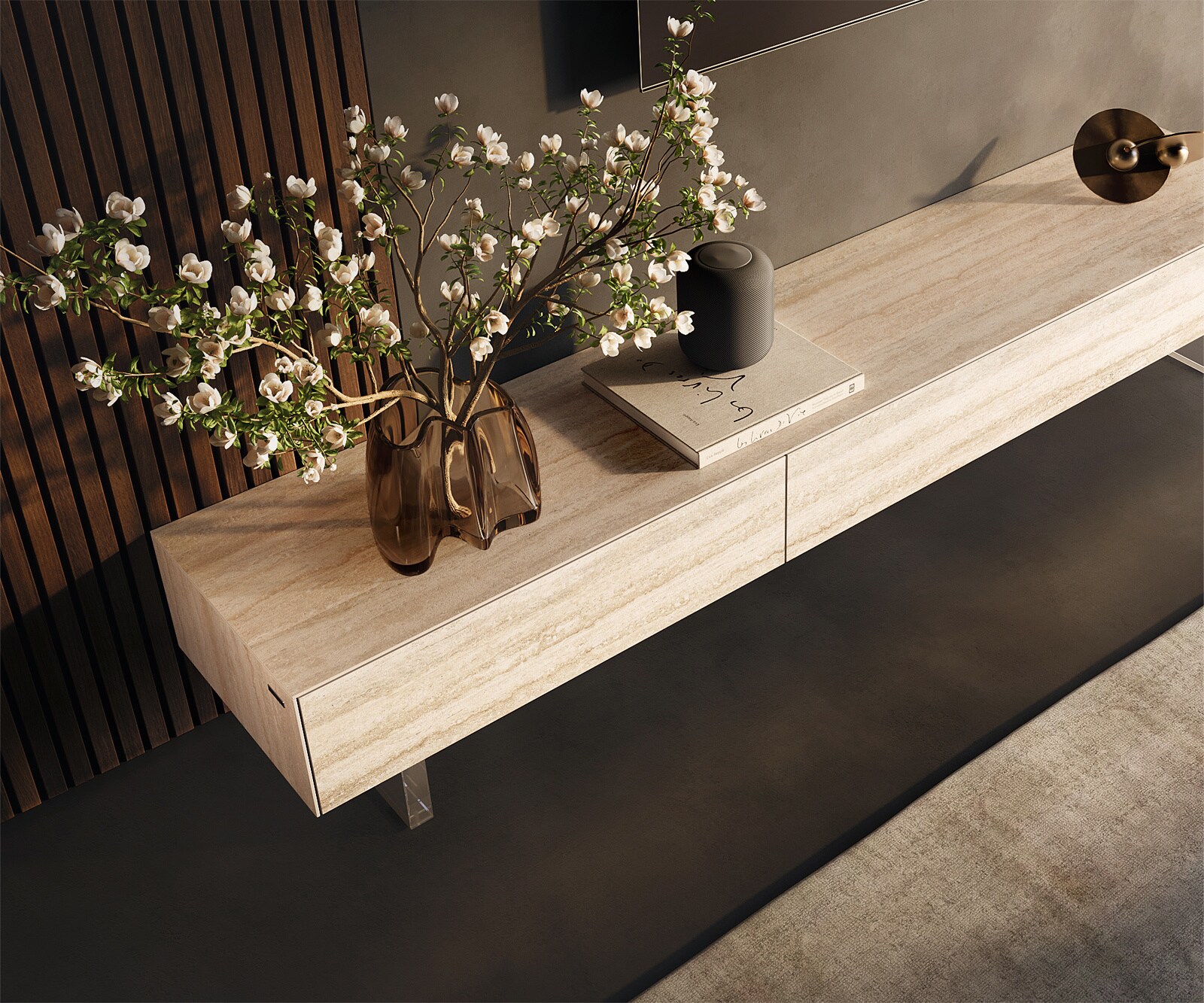 Meuble-TV Cuor 200 cm Céramique Laminam® Travertino Bianco Crème-blanc 1 Clapet 1 Tiroir Pied optique flottant Verre acrylique 3