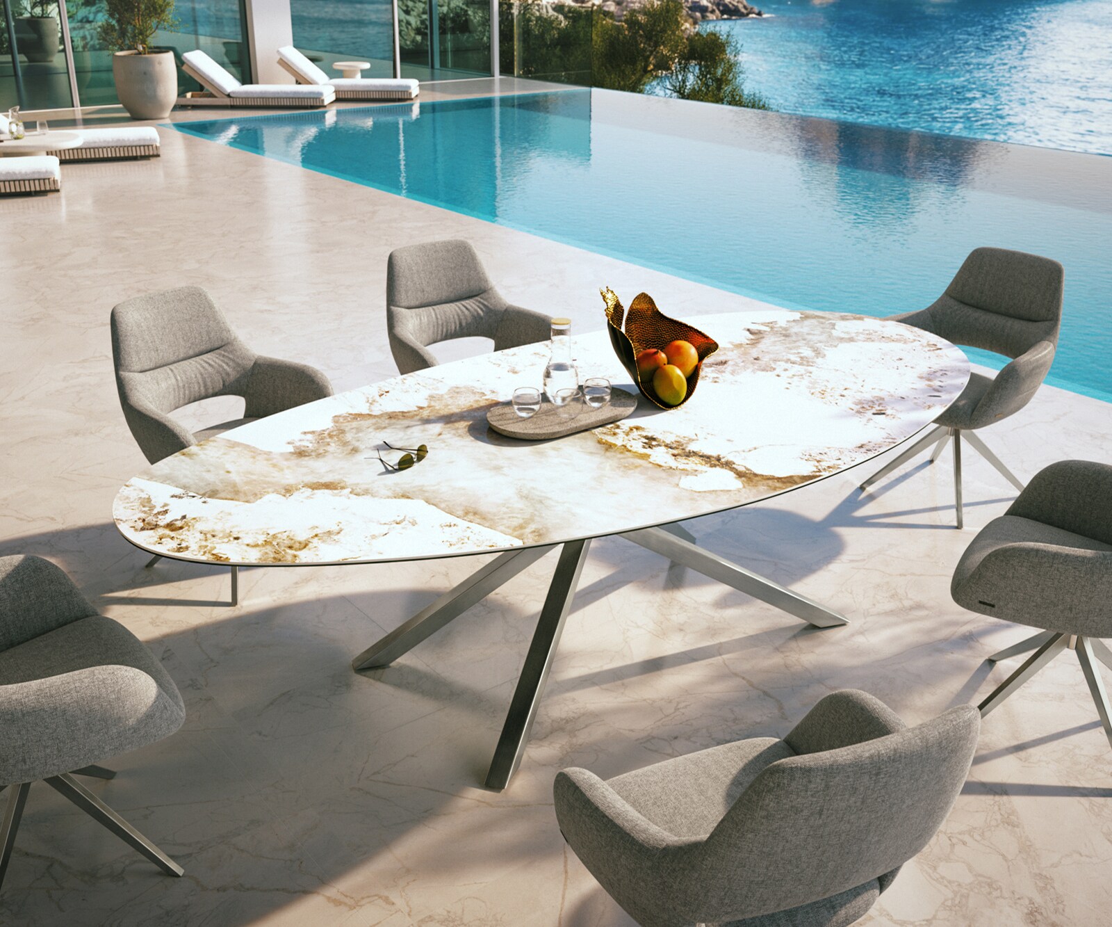 Table d’extérieur Edge Ovale 280x130 cm céramique Minas Melange blanc-beige piètement croisé rectangulaire en acier inoxydable