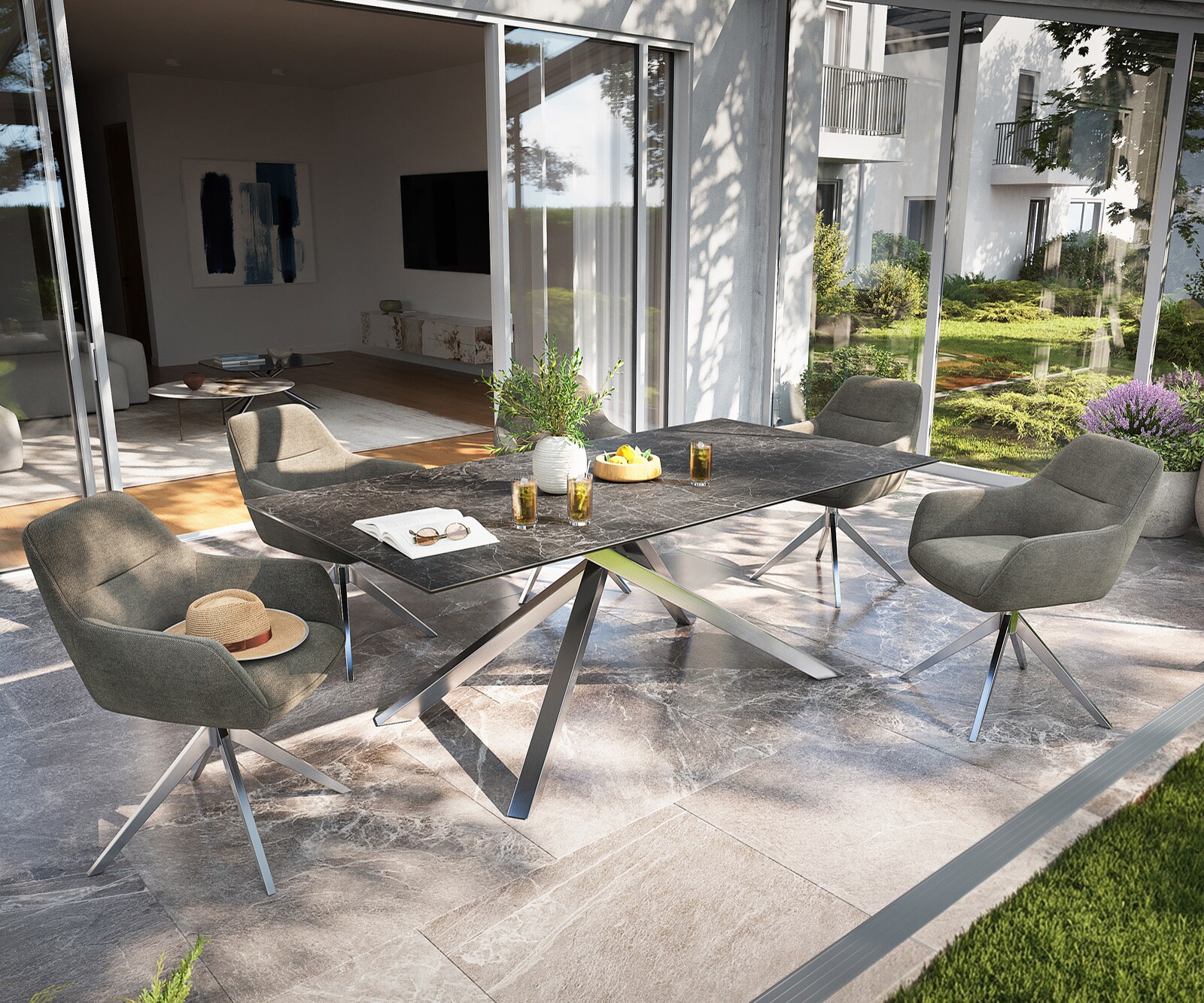 Table d’extérieur Edge 200x100 cm céramique Laminam® Nero Greco anthracite piètement croisé rectangulaire en acier inoxydable 1