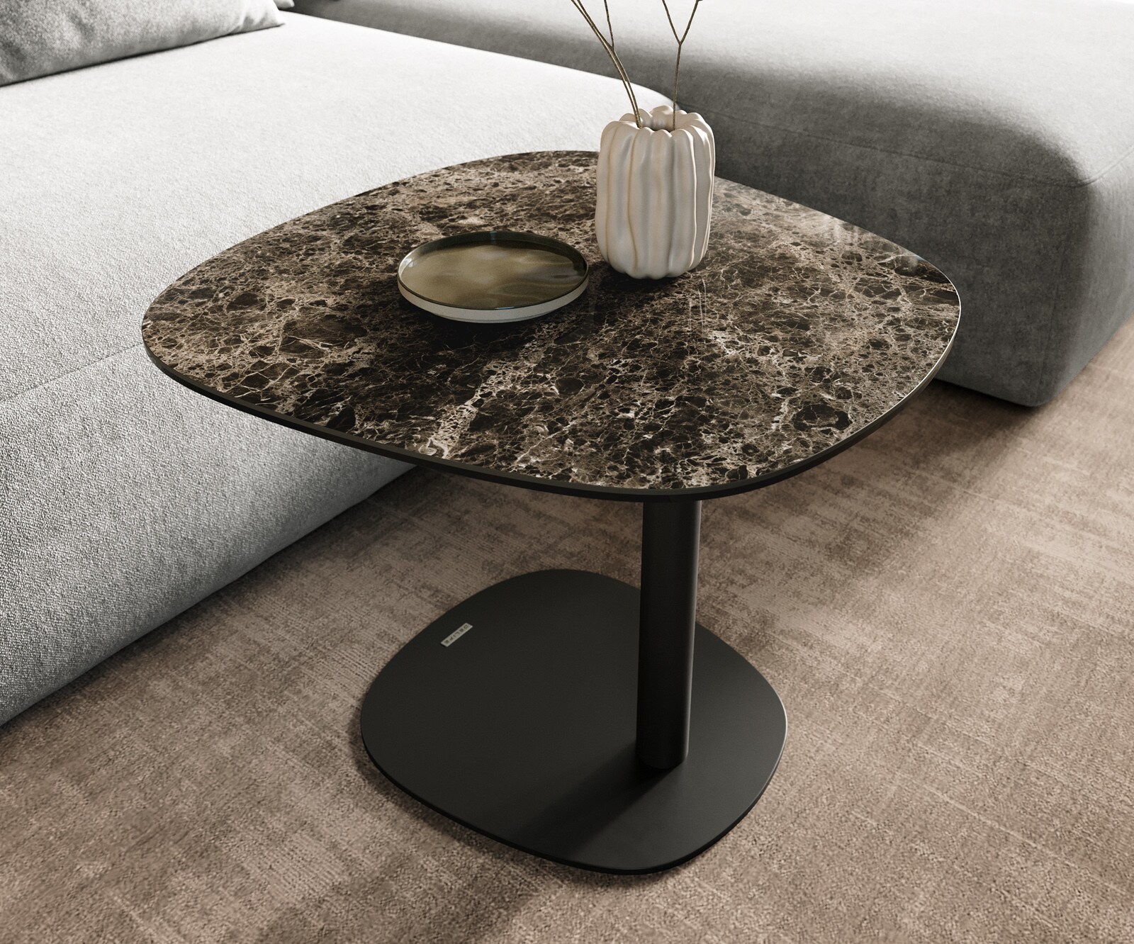 table d’appoint Edge bateau 60x60 cm céramique Emperador Extra Lucidato brun foncé Eleny métal noir 6
