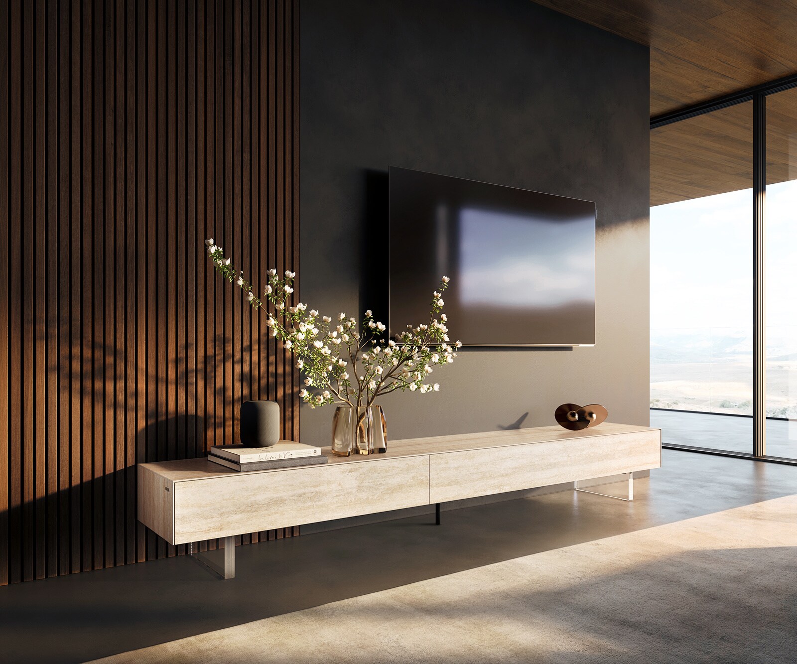 Meuble-TV Cuor 250 cm Céramique Laminam® Travertino Bianco Crème-blanc 1 Clapet 1 Tiroir Pied optique flottant Verre acrylique