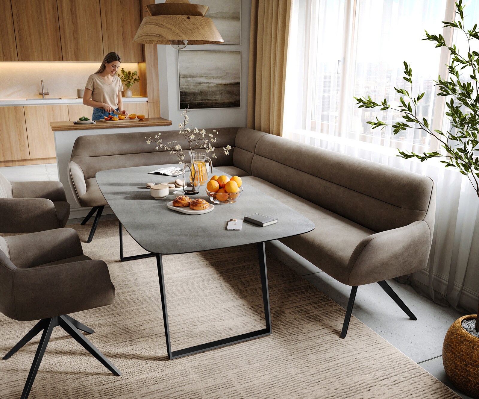 Banc-de-salle-à-manger Taya-Flex 285x190 cm microfibre taupe vintage pied croisé angulaire noir ressort ensaché à droite