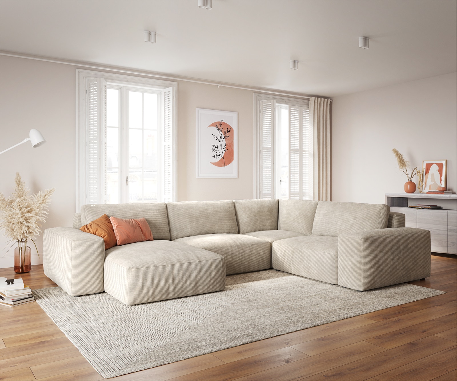 Canapé panoramique Lanzo XL 360x260 cm Velours côtelé Beige Recamière variable 1