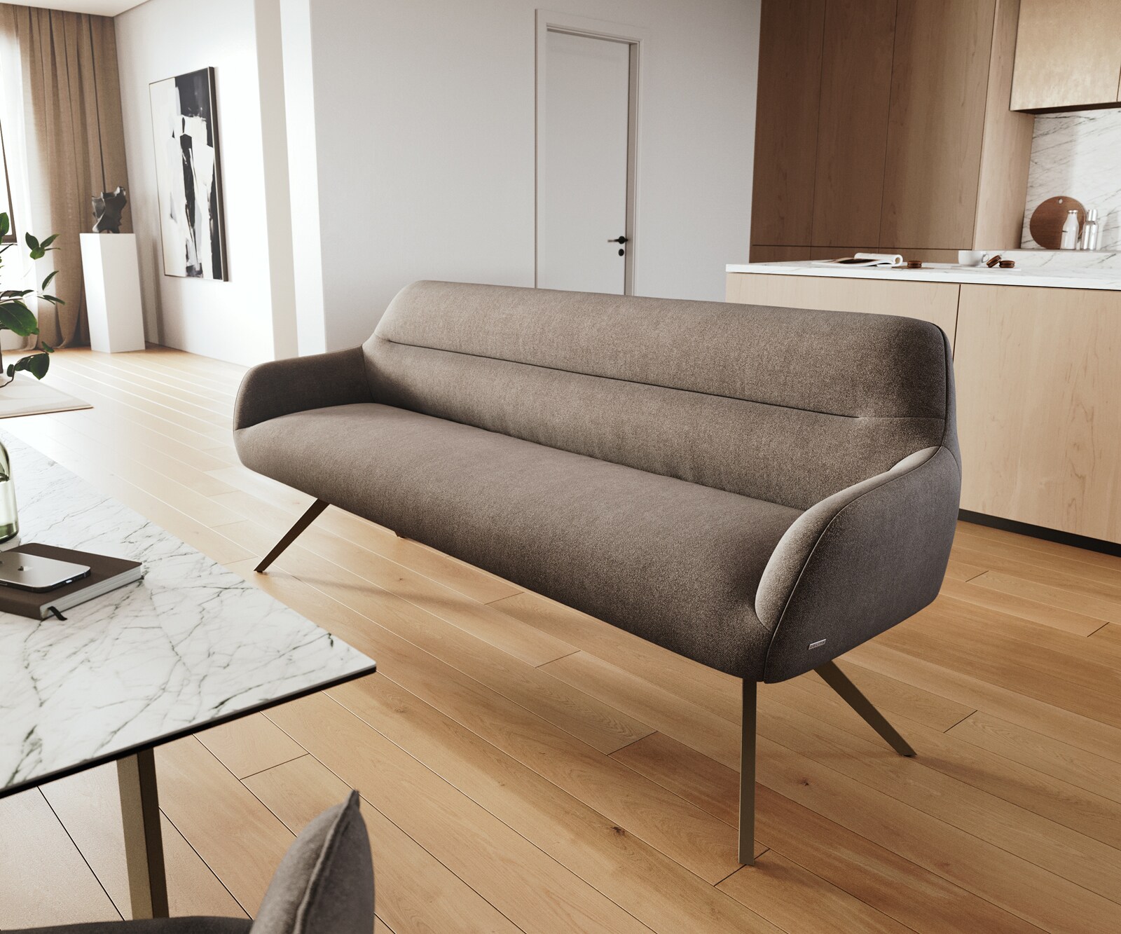 Banc-de-salle-à-manger Taya-Flex 200 cm tissu structuré doux taupe pied croisé angulaire titane ressort ensaché