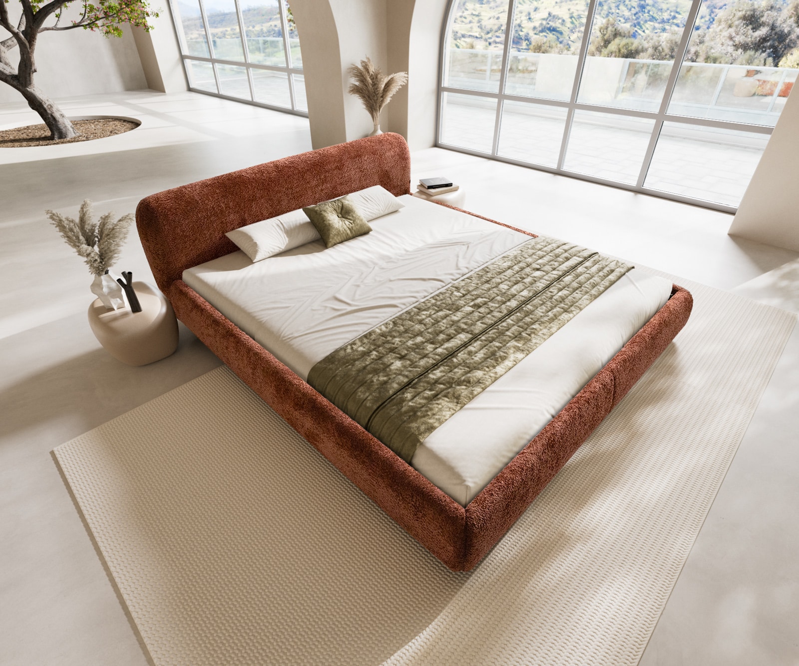 Cadre-de-lit rembourré Shona 180x200 cm tissu Teddy rouille 3 Cadre-de-lit rembourré Shona 180x200 cm tissu Teddy rouille 3