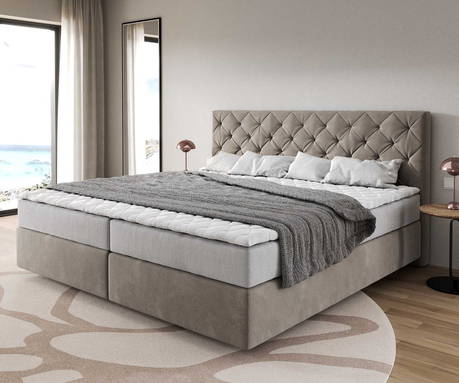 Lit à sommier tapissier Dream-Great Microfibre beige 200x200 cm avec matelas à ressorts ensachés et surmatelas en mousse viscoélastique 1