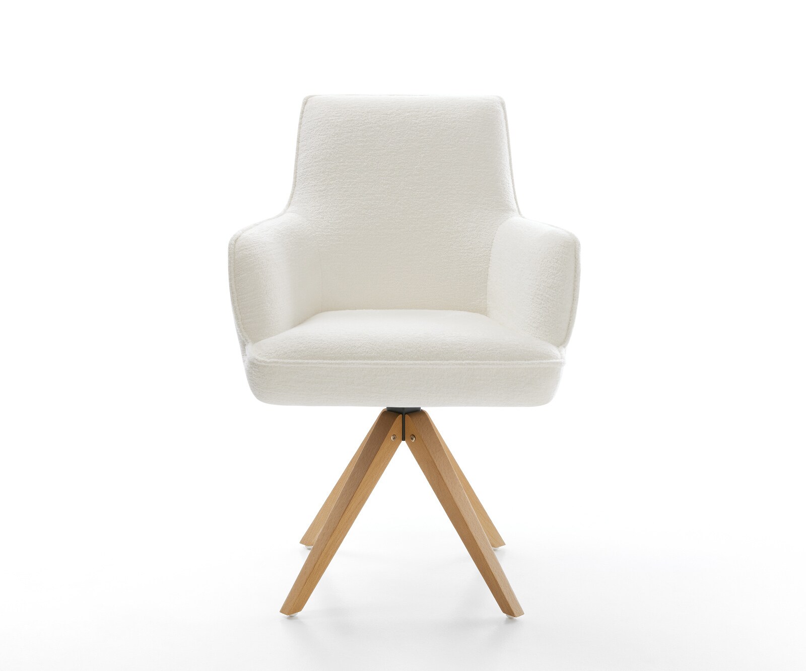 Chaise-pivotante Heira-Flex avec accoudoirs bouclé doux beige pied en bois angulaire naturel pivotement sur 180° resorts ensachés 2