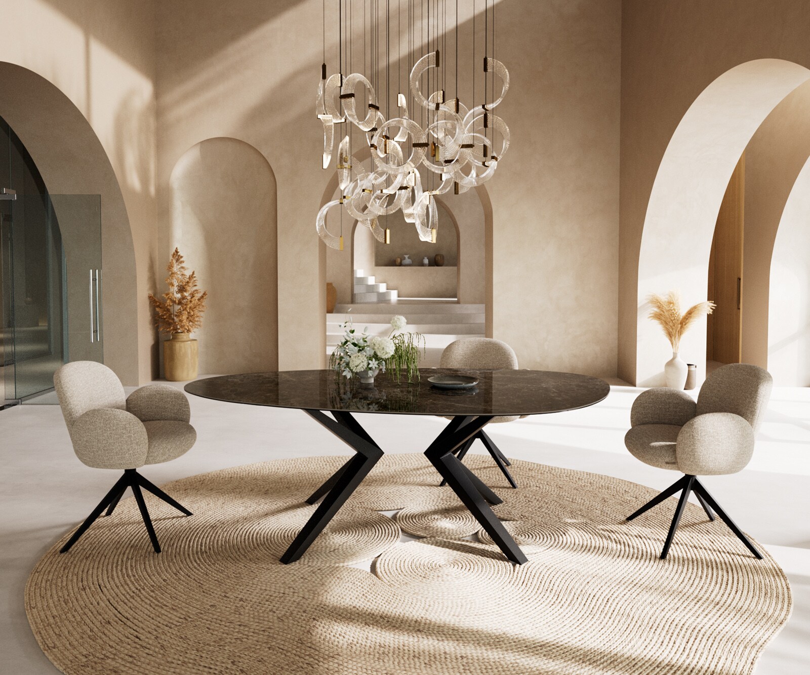 Table de salle à manger Edge Ovale Céramique Emperador Extra Lucidato Brun foncé 220x120 Zenthara angulaire Métal Noir 4