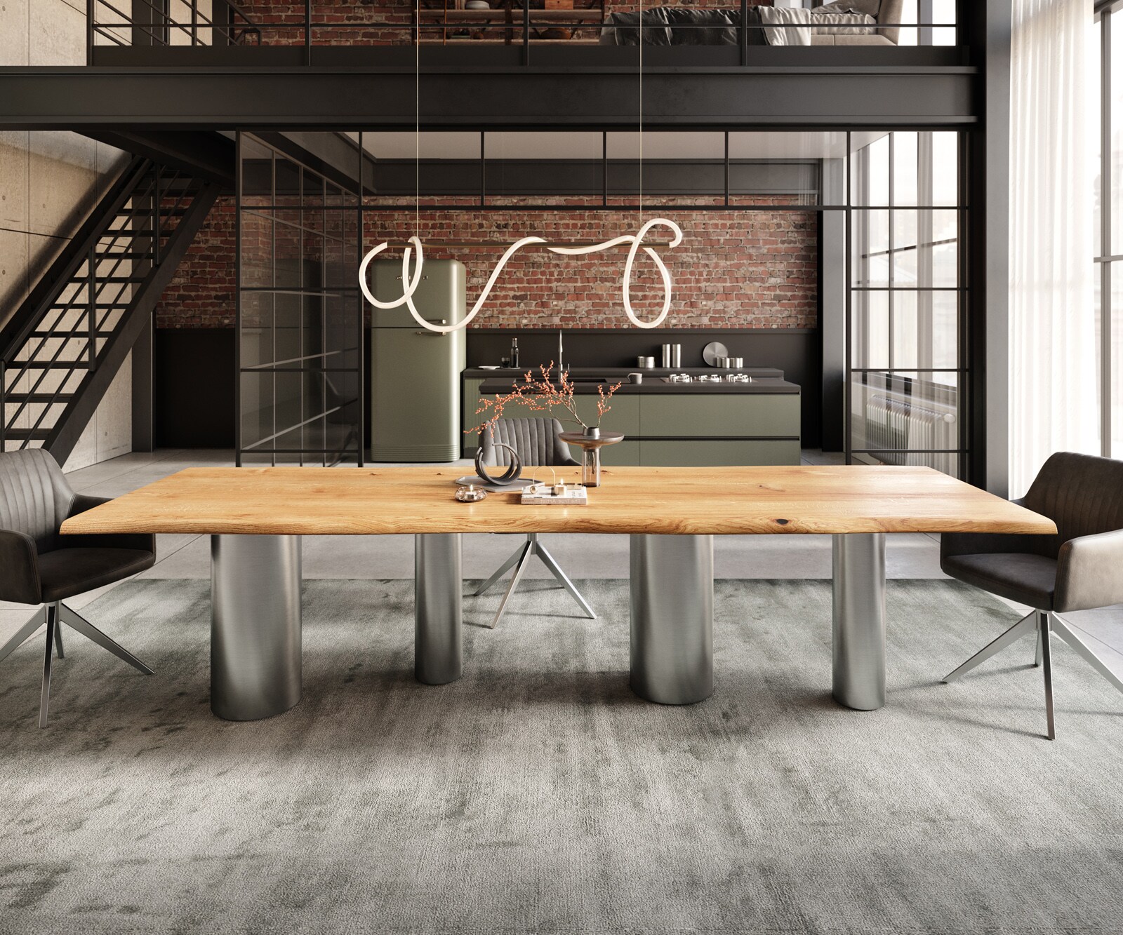 Table à manger Edge 300x100x4 chêne naturee Pilier acier inoxydable brossé Live-Edge 2