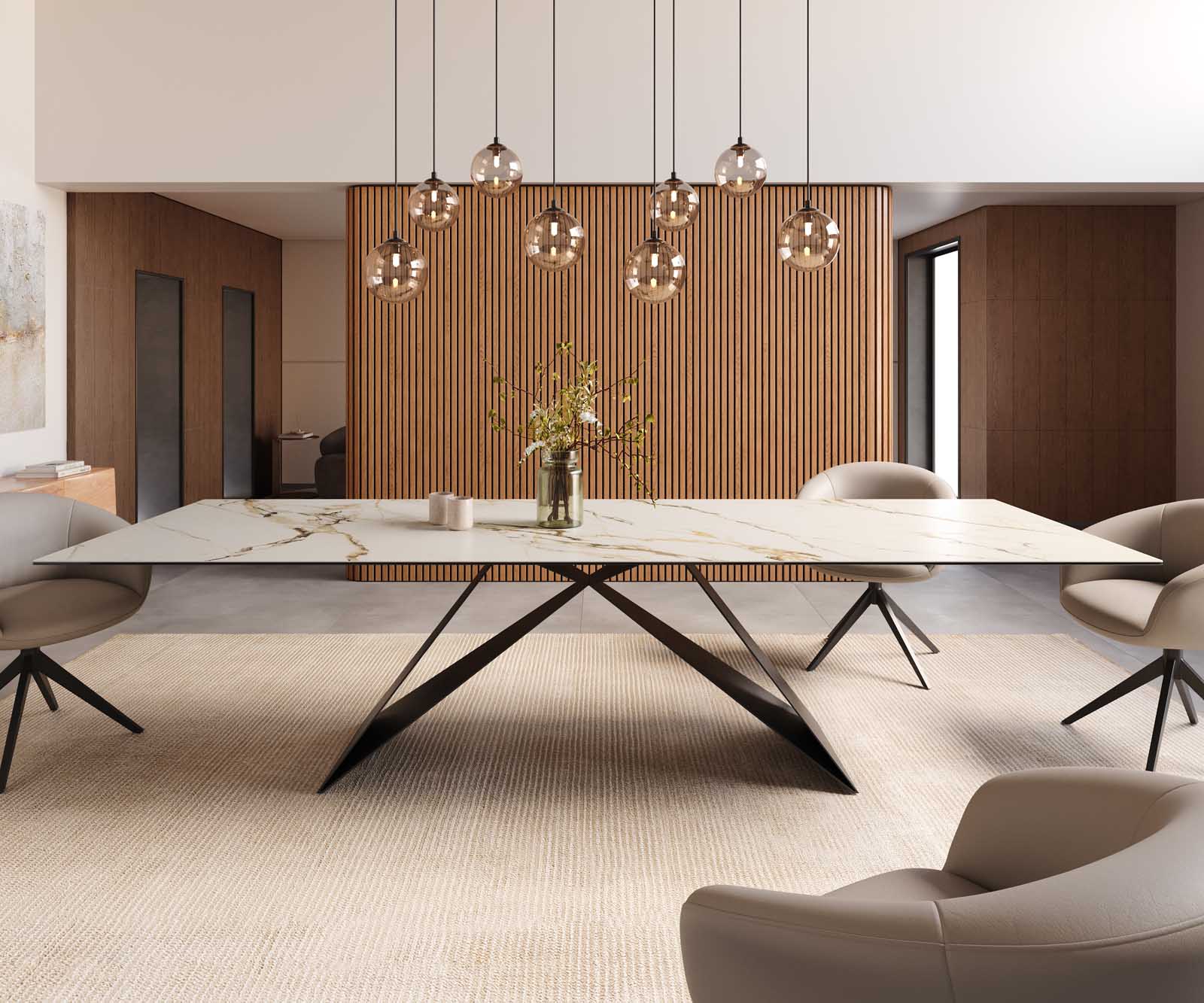 Table à manger Edge 300x100 céramique Calacatta Luxe blanc-doré-gris cadre en V acier plat noir 2