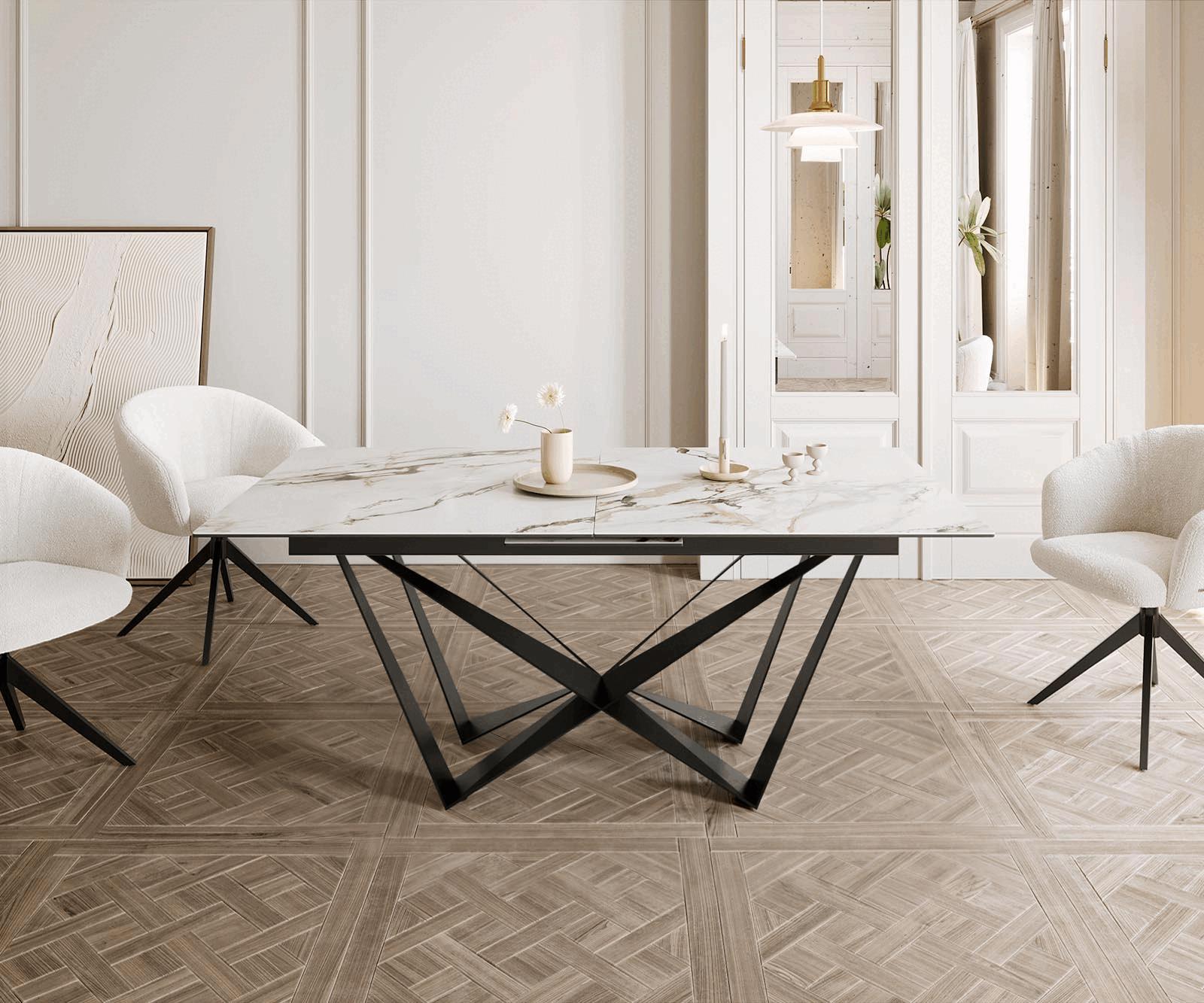 Table à manger Edge 180-220x100 céramique Calacatta Luxe blanc-doré-gris Spider acier plat noir extensible 1