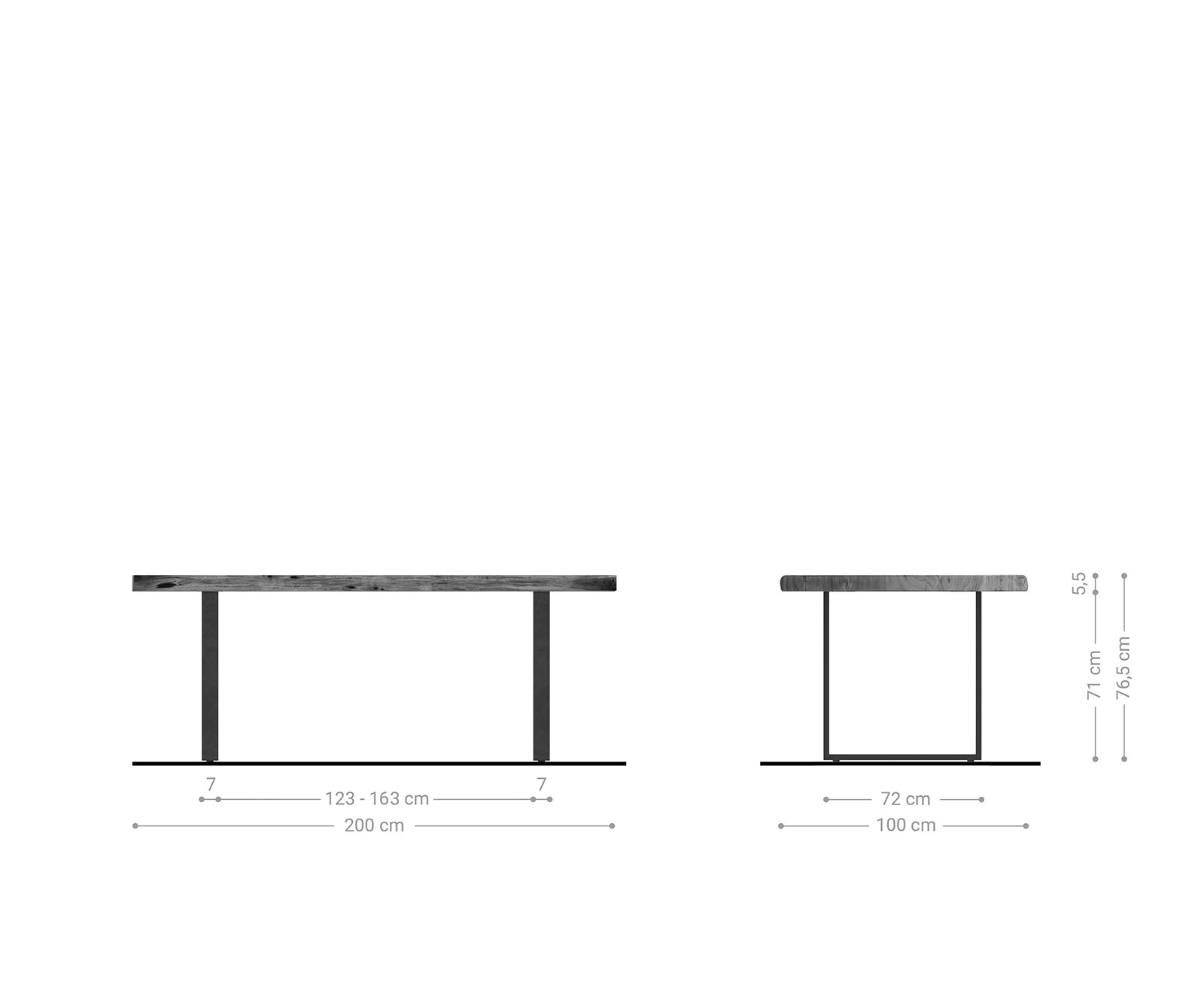Table à manger Edge 200x100 XL acacia platine cadre traineau noir Live-Edge 5 Table à manger Edge 200x100 XL acacia platine cadre traineau noir Live-Edge 5