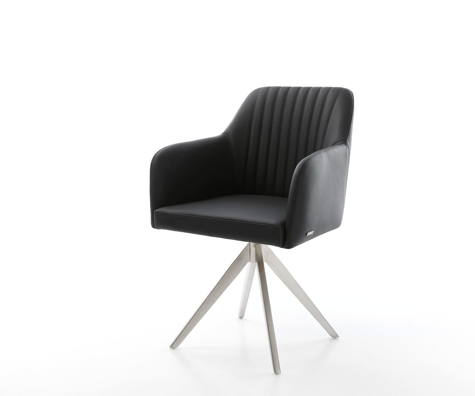 Chaise-de-salle-à-manger Greg-Flex cuir de vache noir pied croisé angulaire acier inoxydable brossé ressorts ensachés
