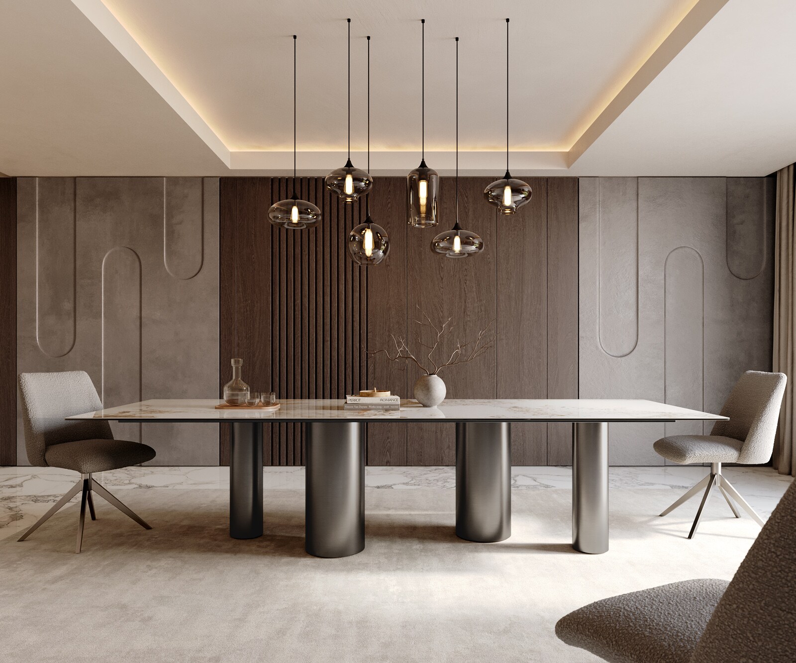 Table à manger Edge 300x100 Céramique Minas Melange Blanc-Beige Pilier Acier inoxydable Graphite 1