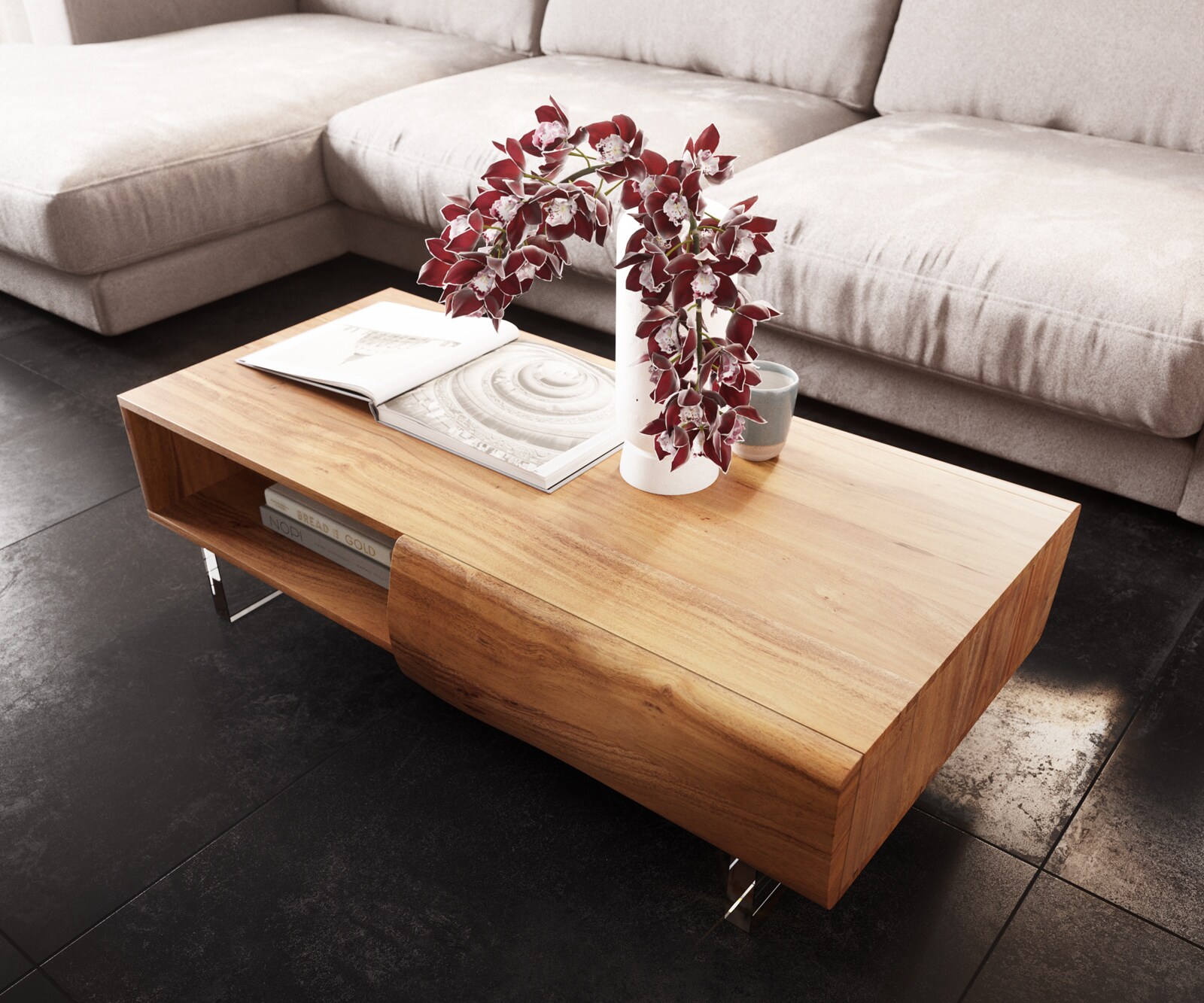Table-basse New Live-Edge 115x60 cm acacia naturel 2 tiroirs 1 compartiment pied acrylique 3