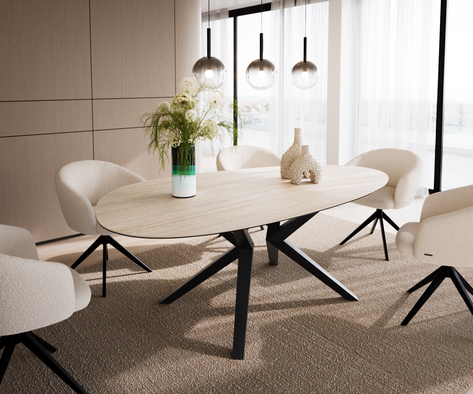 Table à manger Edge Ovale 220x120 Céramique Laminam®Travertino Bianco Crème-Blanc​ Zenthara anguleux Métal Noir
