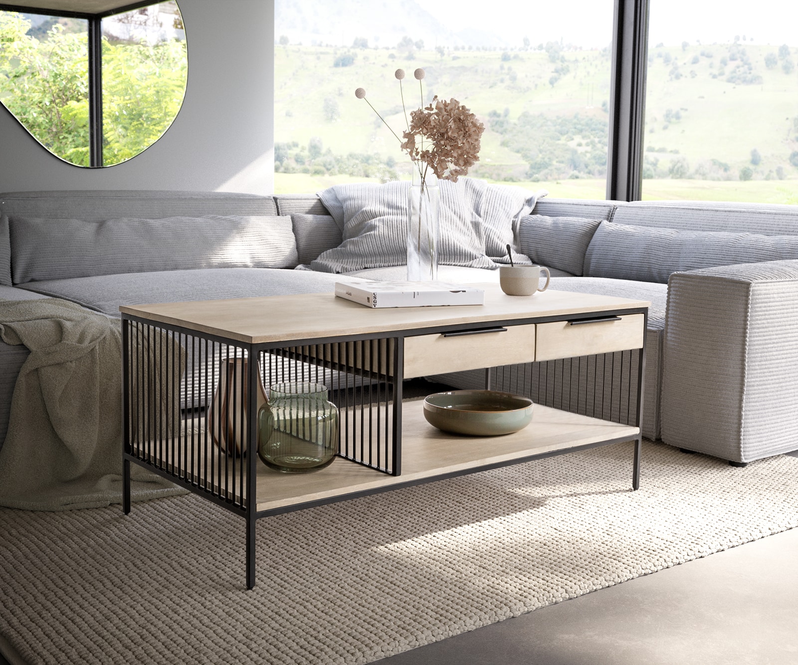 Table-basse Libina 120x60 cm Manguier White Wash Métal noir 2 tiroirs Table-basse Libina 120x60 cm Manguier White Wash Métal noir 2 tiroirs