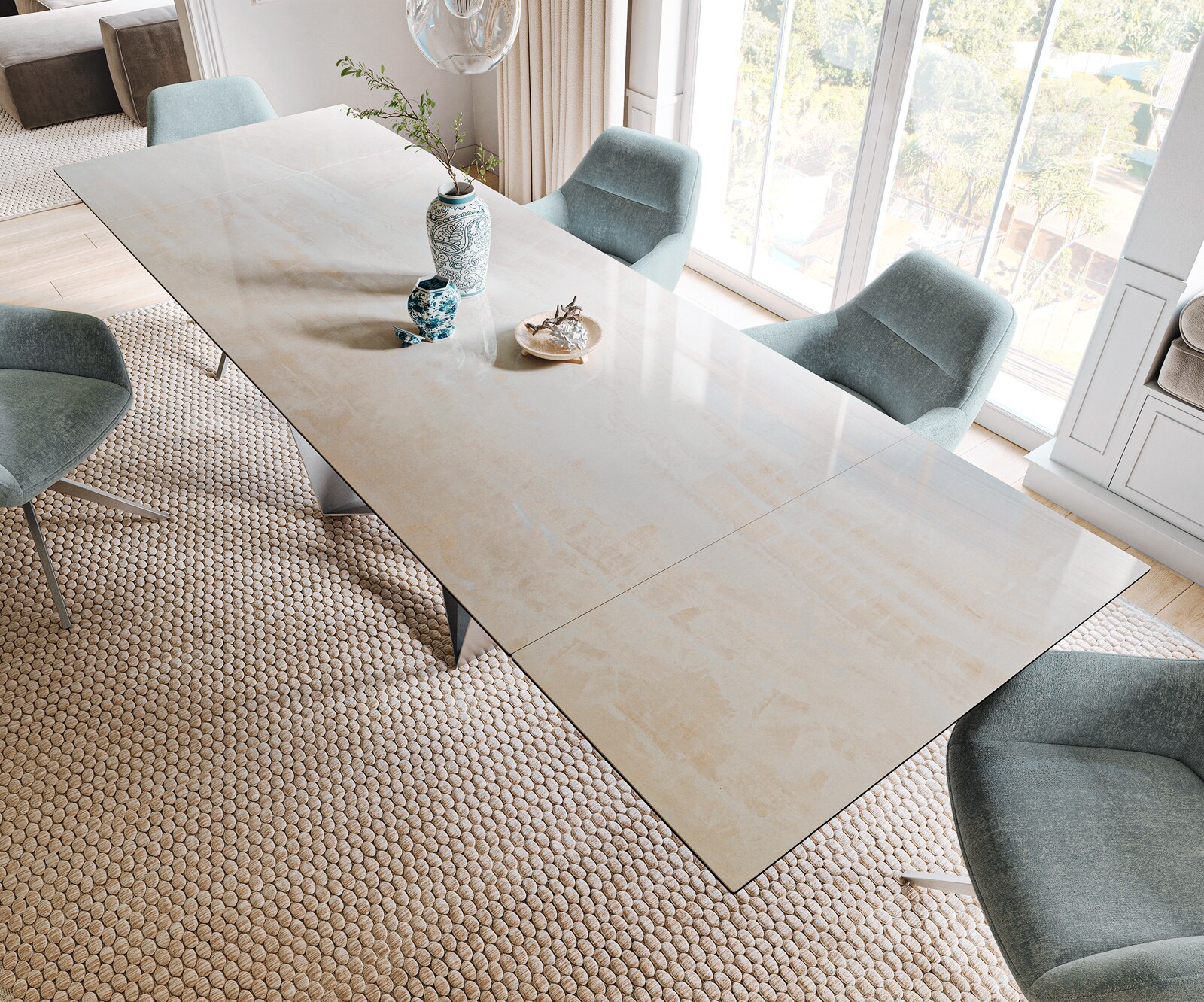 Table à manger extensible Edge 200-300x100 cm céramique Onyx Champagne Spider acier plat inox 4