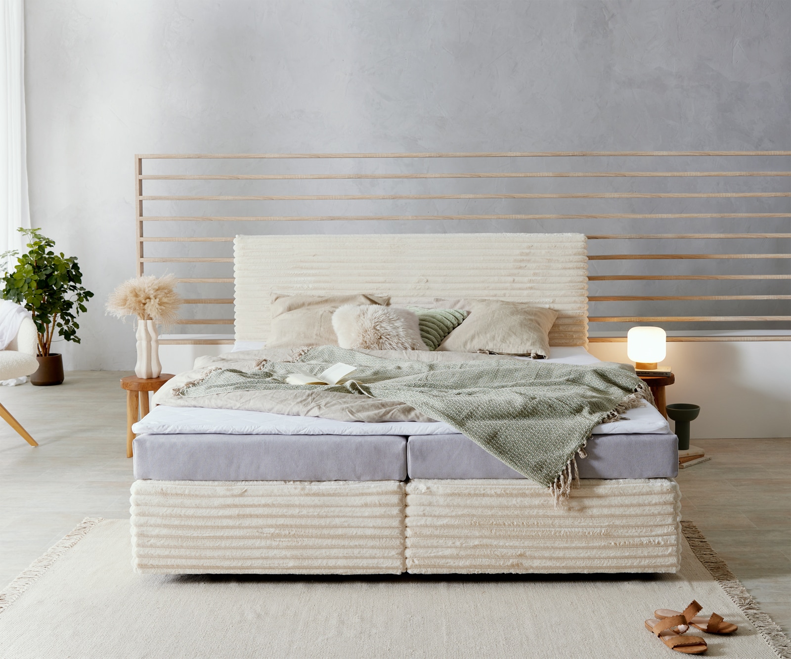 Lit Boxspring Dream-Well Velours Côtelé Beige 180x200 cm Matelas Bonell Topper en Mousse PU 1 Lit Boxspring Dream-Well Velours Côtelé Beige 180x200 cm Matelas Bonell Topper en Mousse PU 1