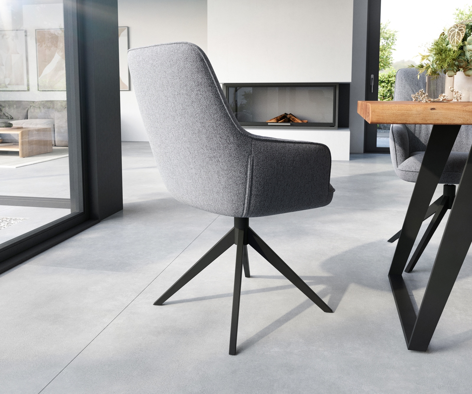 Chaise-de-salle-à-manger Zelia-Flex avec accoudoirs tissu texturé gris clair pied croisé large noir ressorts ensachés 4 Chaise-de-salle-à-manger Zelia-Flex avec accoudoirs tissu texturé gris clair pied croisé large noir ressorts ensachés 4