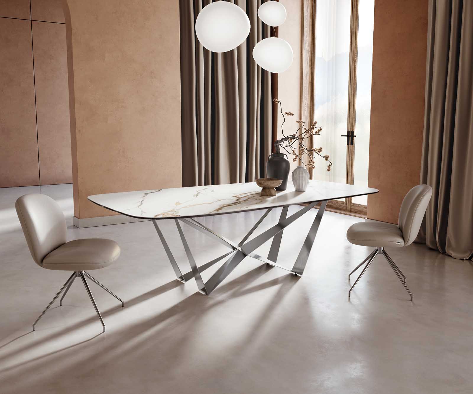 Table à manger Edge en forme de bateau 240x120 céramique Calacatta Luxe blanc-doré-gris Spider acier plat acier inoxydable 2 Table à manger Edge en forme de bateau 240x120 céramique Calacatta Luxe blanc-doré-gris Spider acier plat acier inoxydable 2